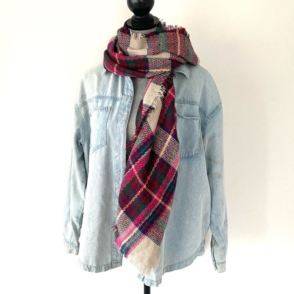 Pistil Soft Beige Red Green Oversized Scarf Casual Chic Boho Preppy Academia